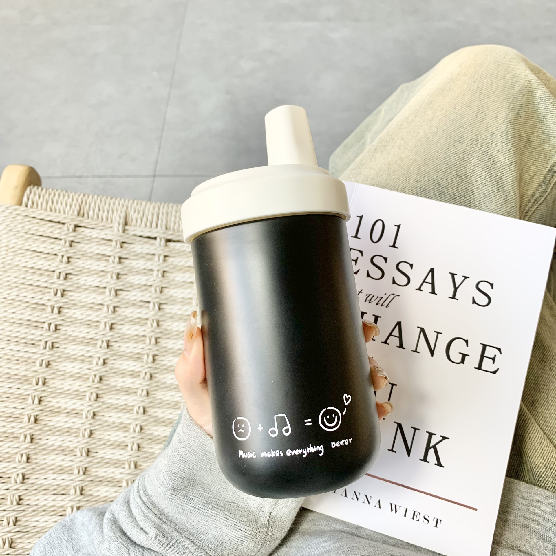 《3953》米黑笑臉不鏽鋼珍奶吸管杯420ML