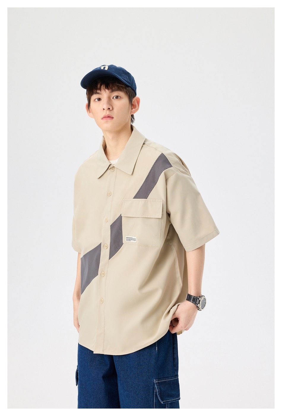 4M19 不規則拼接設計色塊襯衫 兩色