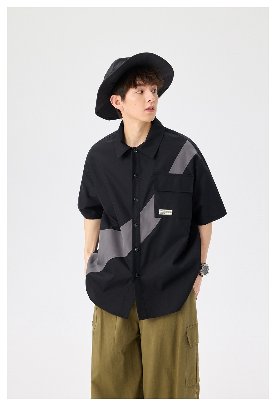 4M19 不規則拼接設計色塊襯衫 兩色