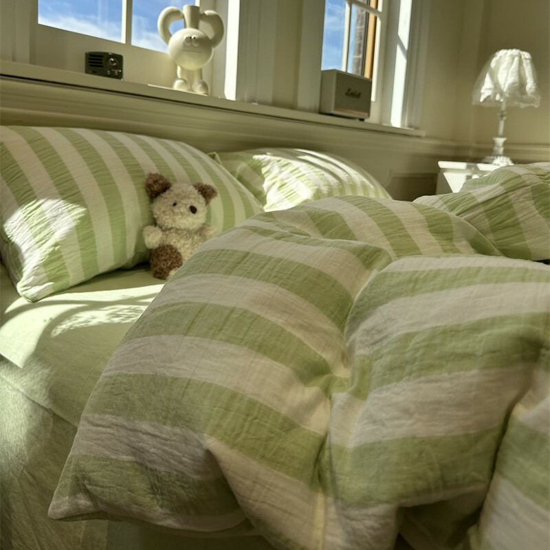 《3958》少女色皺皺紗條紋床單四件套