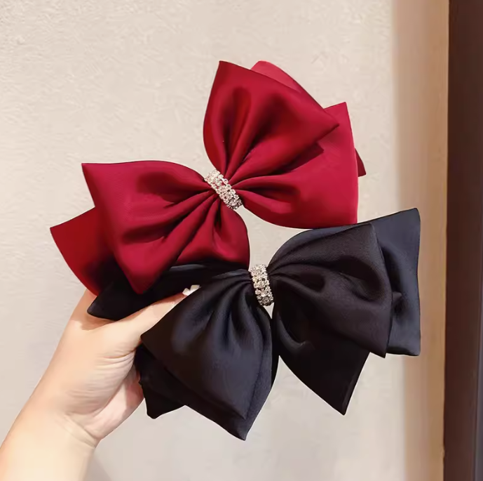 Double-layer Rhinestone Black/Red Ribbon Hair Clip
