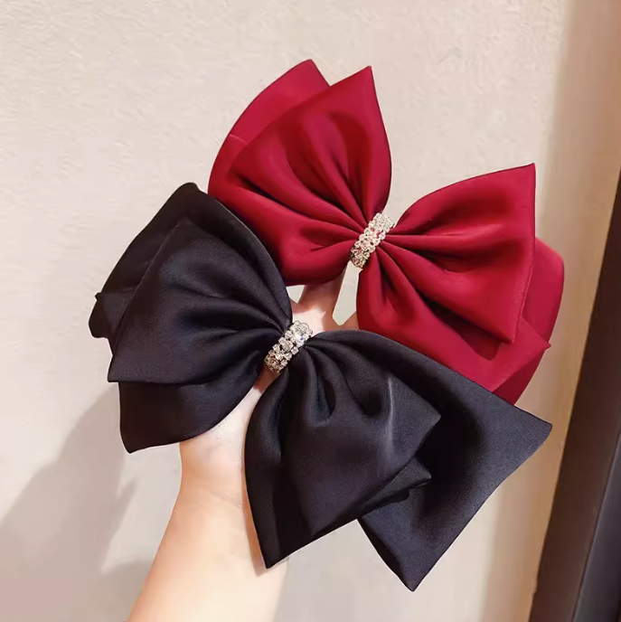 Double-layer Rhinestone Black/Red Ribbon Hair Clip