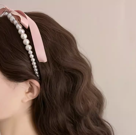 Sweet Cream Ribbon Pearl Headband