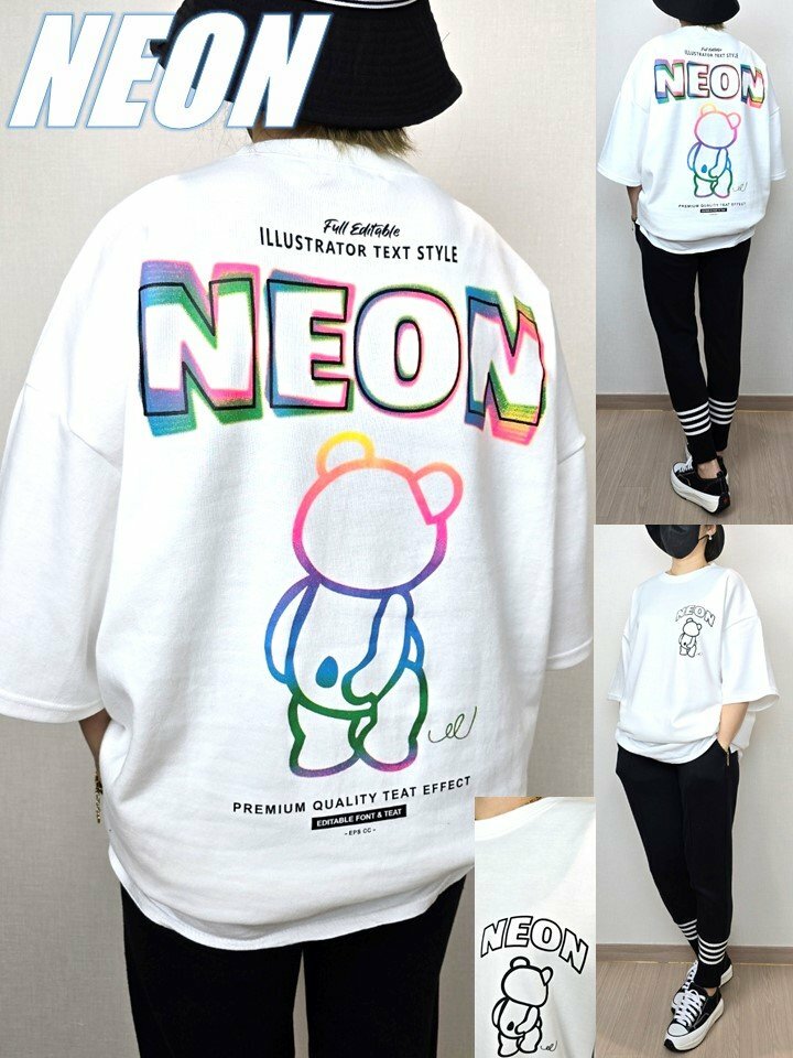 小熊霓虹字母寬鬆版短袖T恤