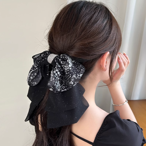 Waltz Romantic Black Starry Rhinestone Ribbon Hair Claw