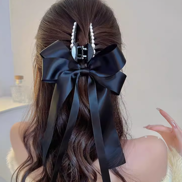 Sweet Black Pearl Ribbon Hair Claw
