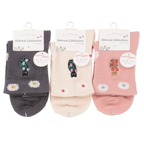 菊花&貓刺繡短襪