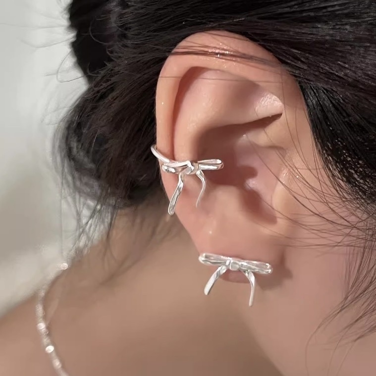 silver細緻緞帶白銀蝴蝶結 耳釘/耳骨夾系列