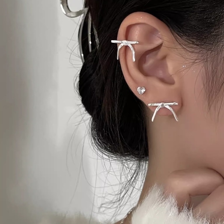 silver細緻緞帶白銀蝴蝶結 耳釘/耳骨夾系列