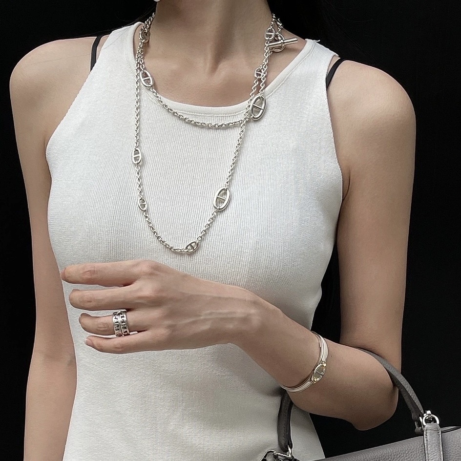 重磅豬鼻一體式OT扣 銀鈦鋼雙層項鍊