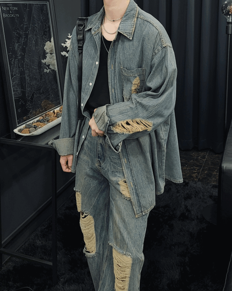 煙色損壞水洗牛仔襯衫