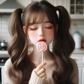 長頭髮的雙馬尾女生，正在舔著一根粉紅色的棒棒糖，閉眼享受著。