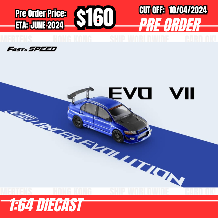 RS-$160 * Fast Speed * 1:64 Mitsubishi Lancer EVO VII C-West Blue/Carbon Hood [OD08/04]
