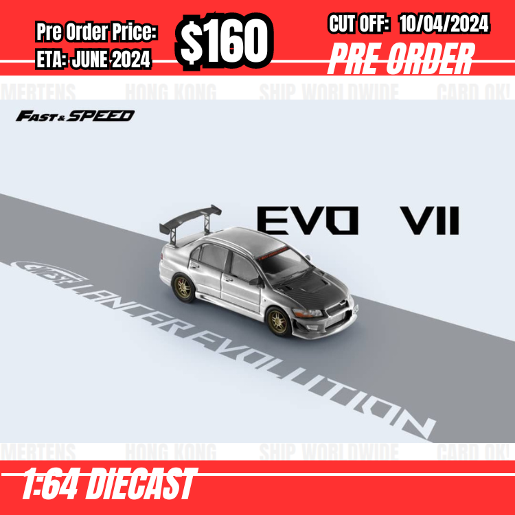 RS-$160 * Fast Speed * 1:64 Mitsubishi Lancer EVO VII C-West Silver/Carbon Hood [OD08/04]