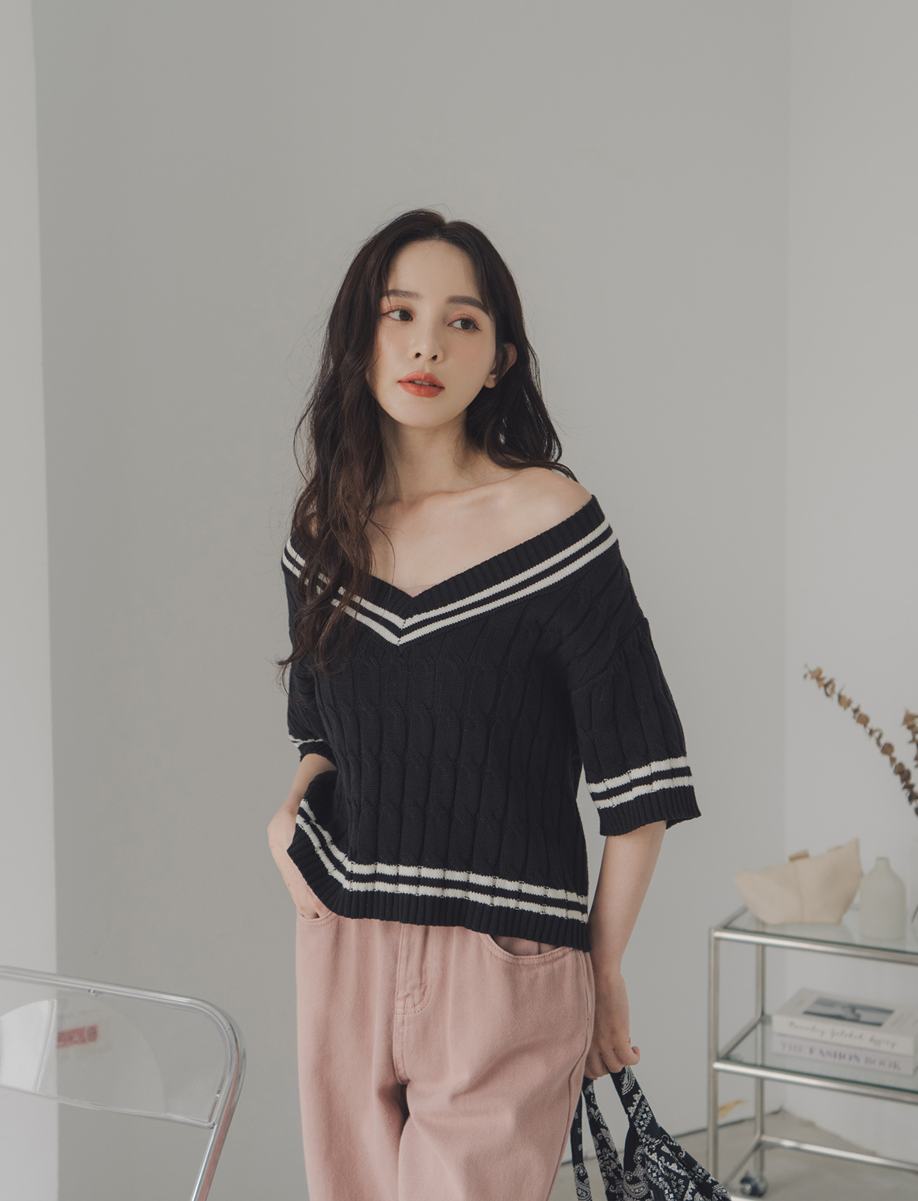 雙線V領針織上衣