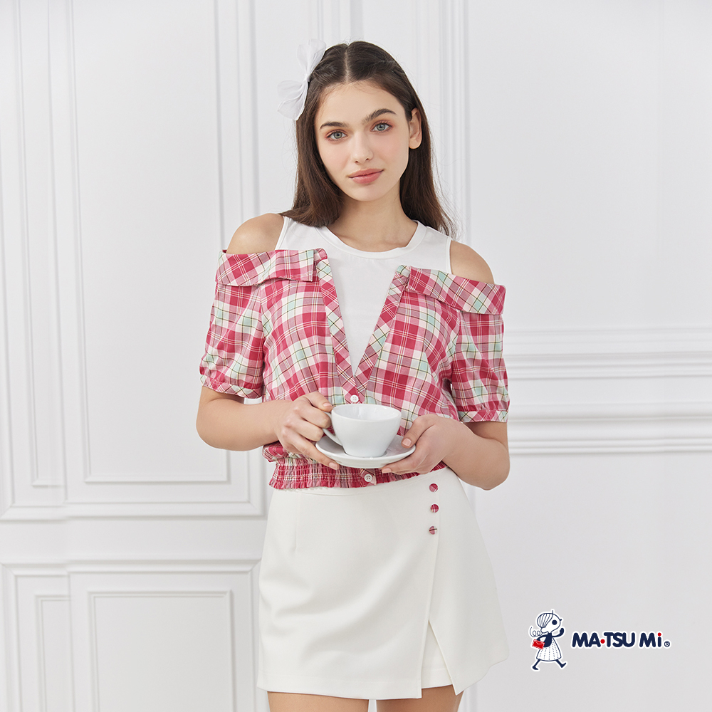 MA‧TSU Mi 撞色假兩件式拼接格紋露肩襯衫上衣(桃紅.深藍)