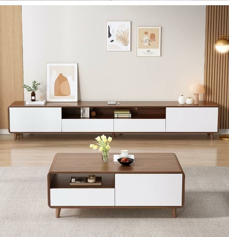 健威現代簡約實木腿胡桃色套白茶几電視櫃組合 (1.2米茶几+1.8米電視櫃)