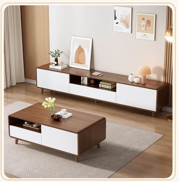 健威現代簡約實木腿胡桃色套白茶几電視櫃組合 (1.2米茶几+1.8米電視櫃)
