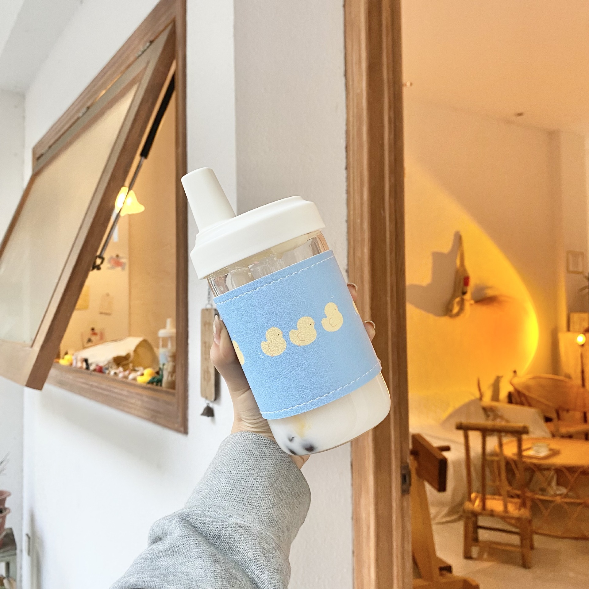 《3973》可愛黃色小鴨珍珠吸管杯