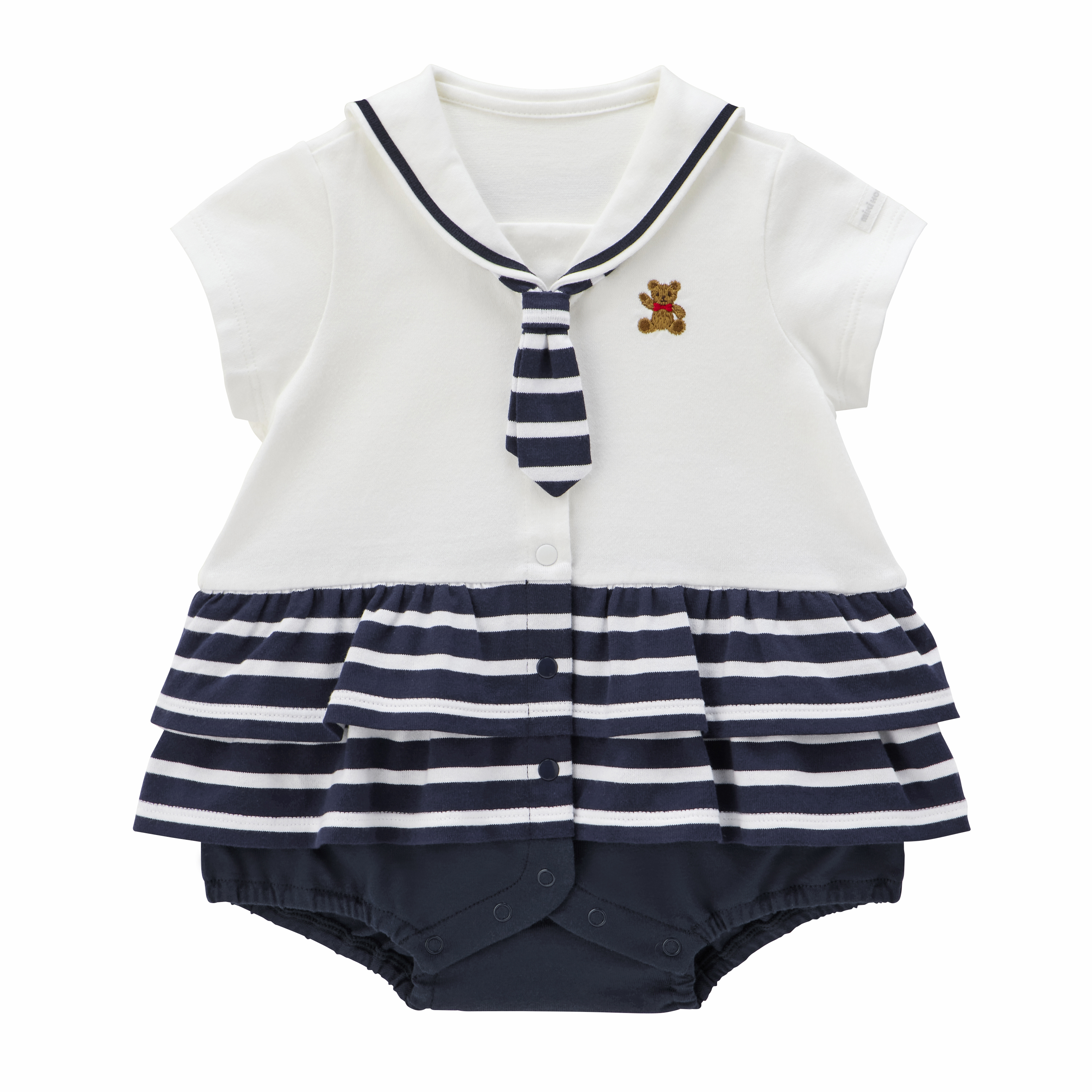 MIKI HOUSE BEAR海軍風短袖連身衣-白