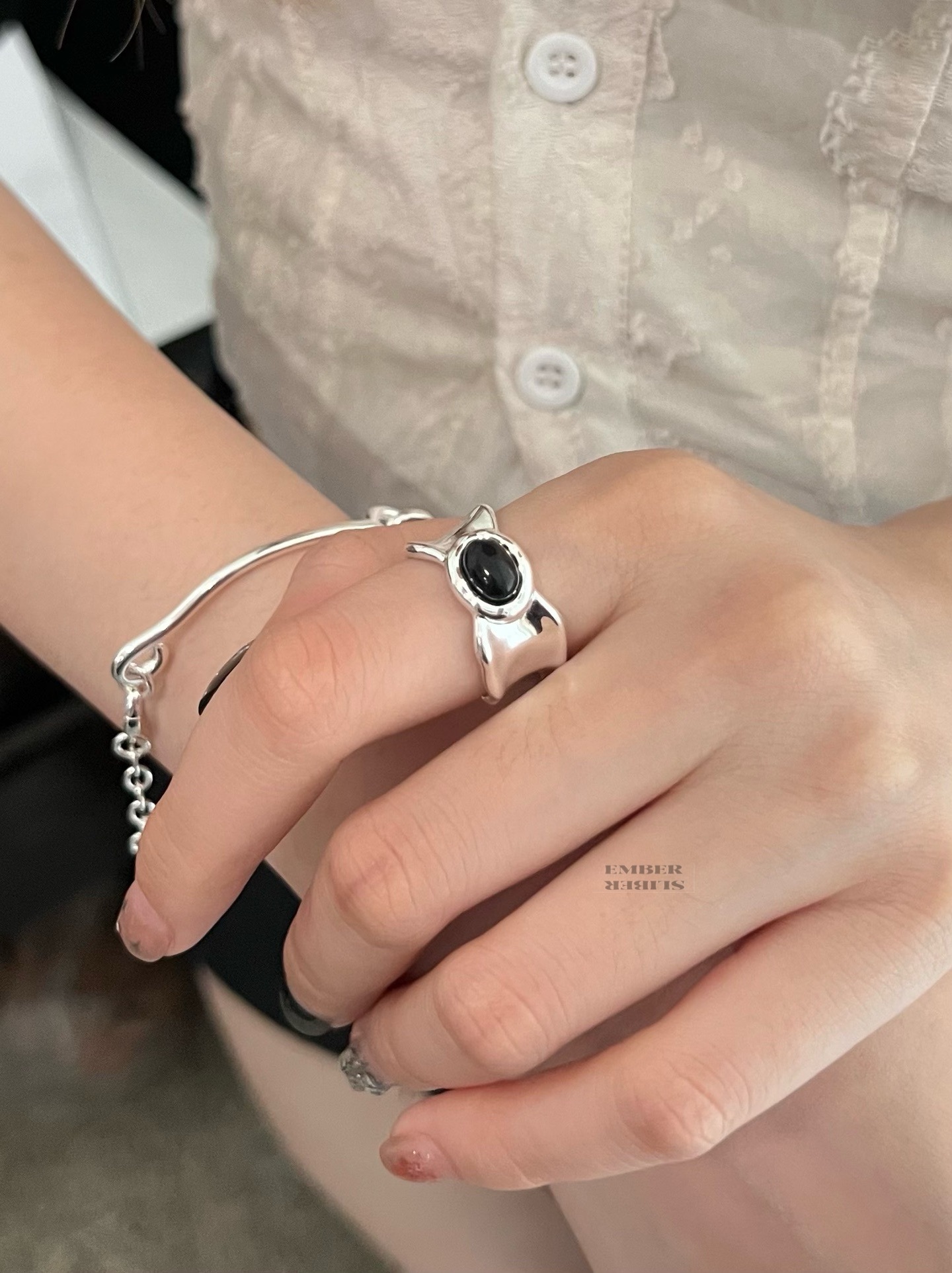 ✨✨S925 SILVER BLACK AGATE STONE WIDE RING 🖤