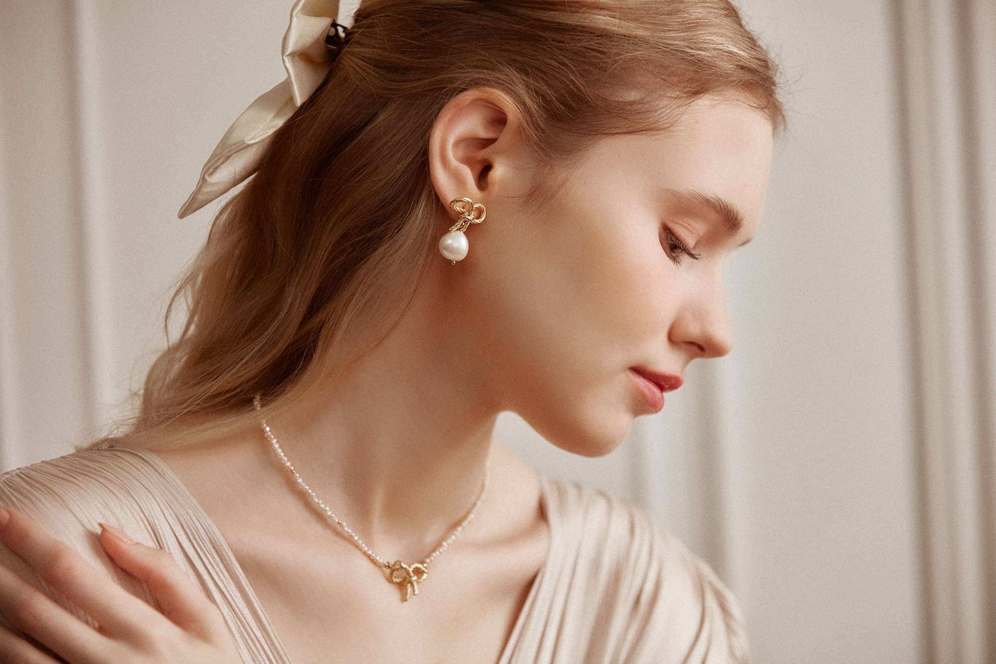 黃銅飾品,黃銅,氣質,耳環,蝴蝶結,天然珍珠,珍珠,甜美,18kgp,鍍18k金