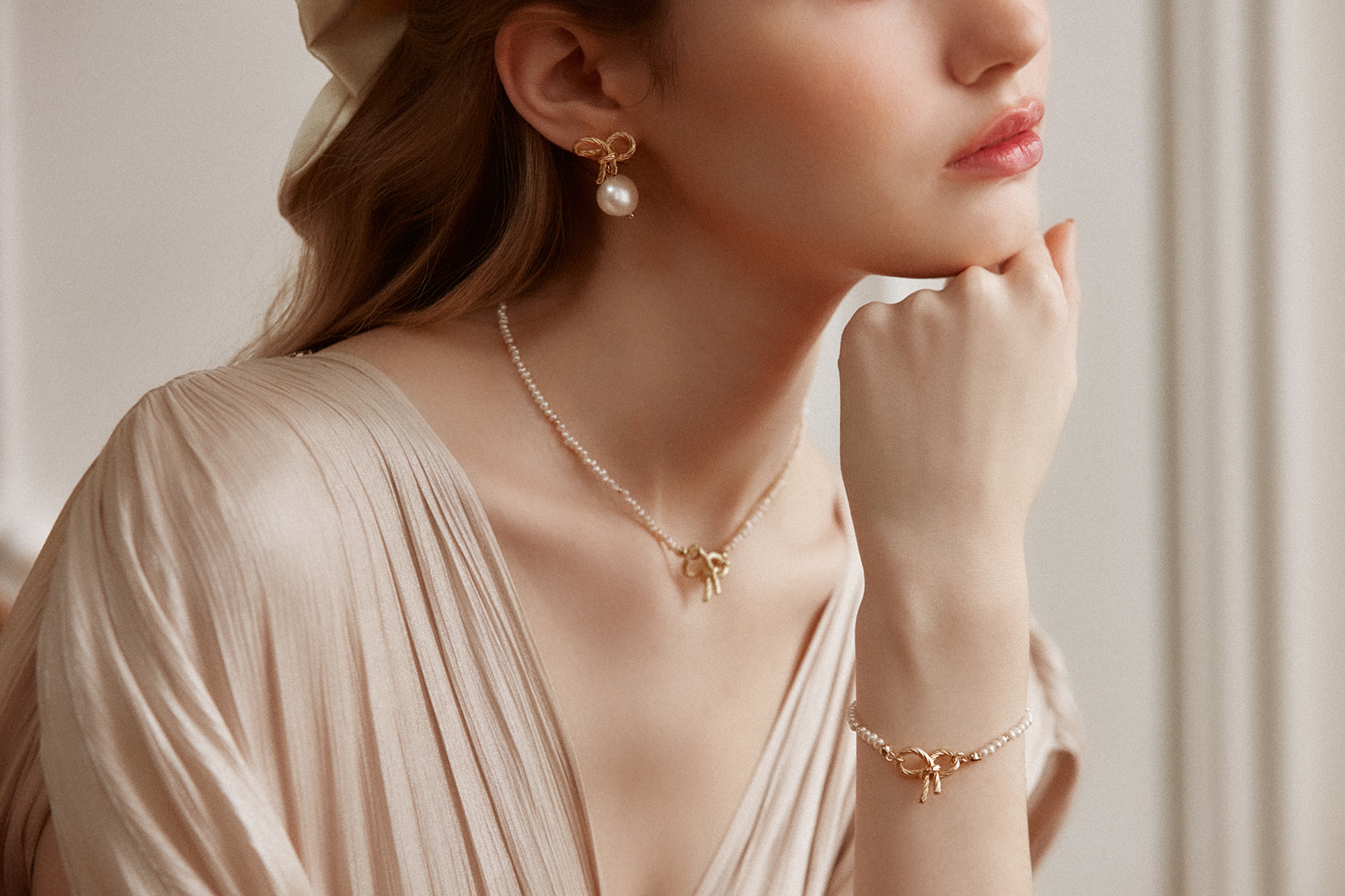 黃銅飾品,黃銅,氣質,手鍊,蝴蝶結,天然珍珠,珍珠,甜美,18kgp,鍍18k金