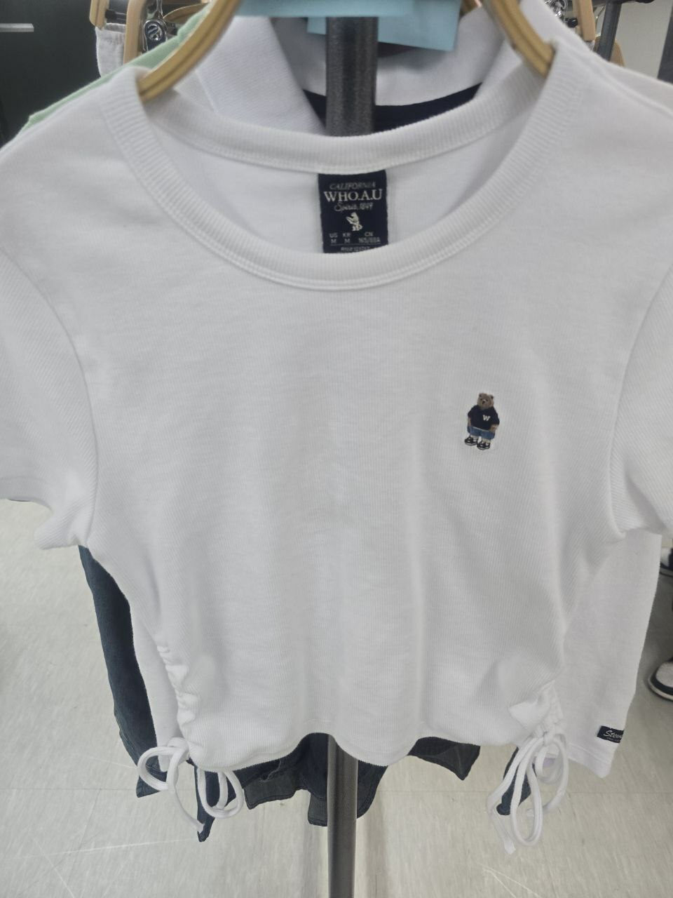 K] WHO.A.U STEVE RIBBED SHIRRING T-SHIRT,IVORY, WHRAE2492F