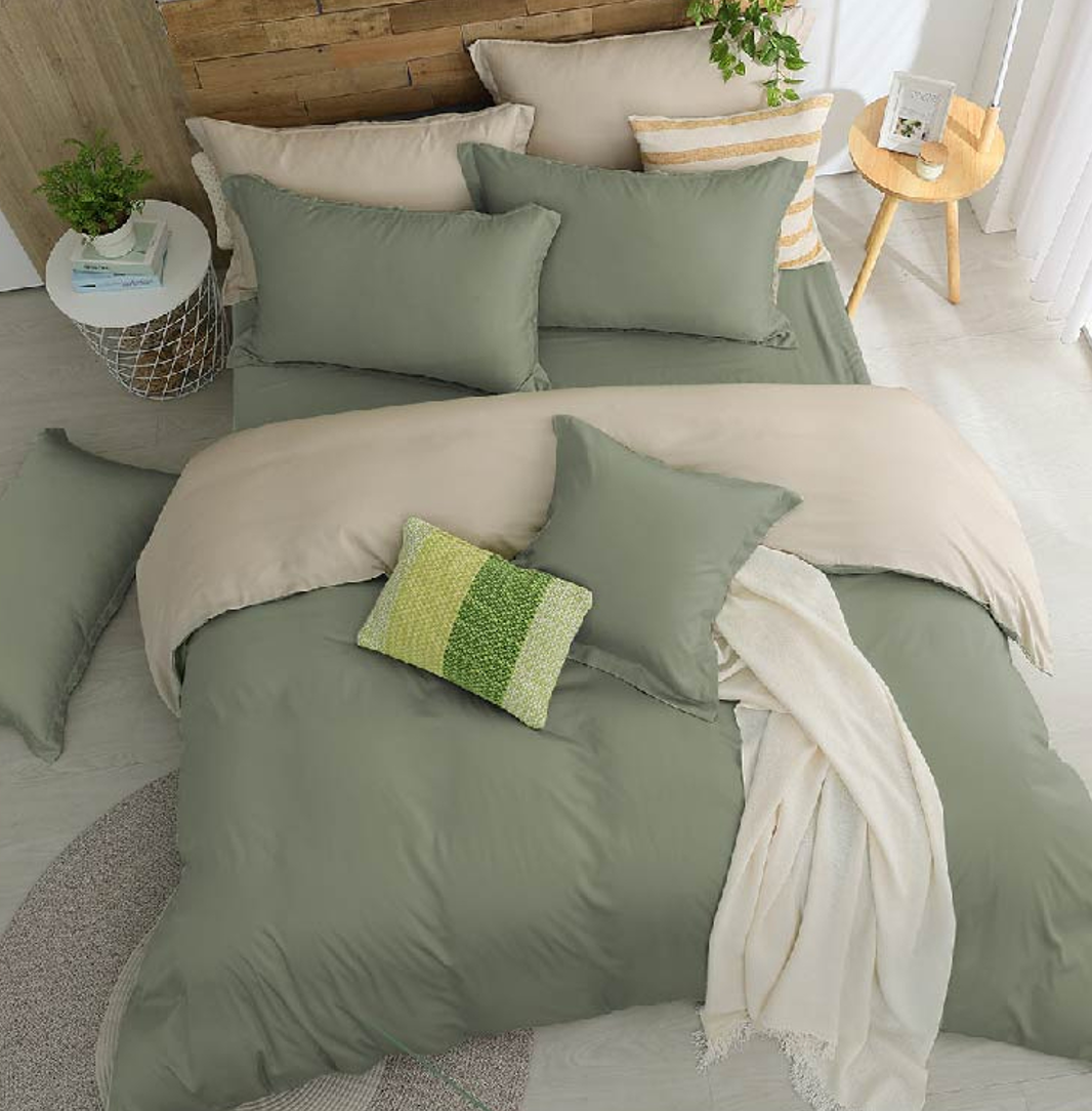 60支天絲床包兩用被組 | 迷霧綠 x 奶茶