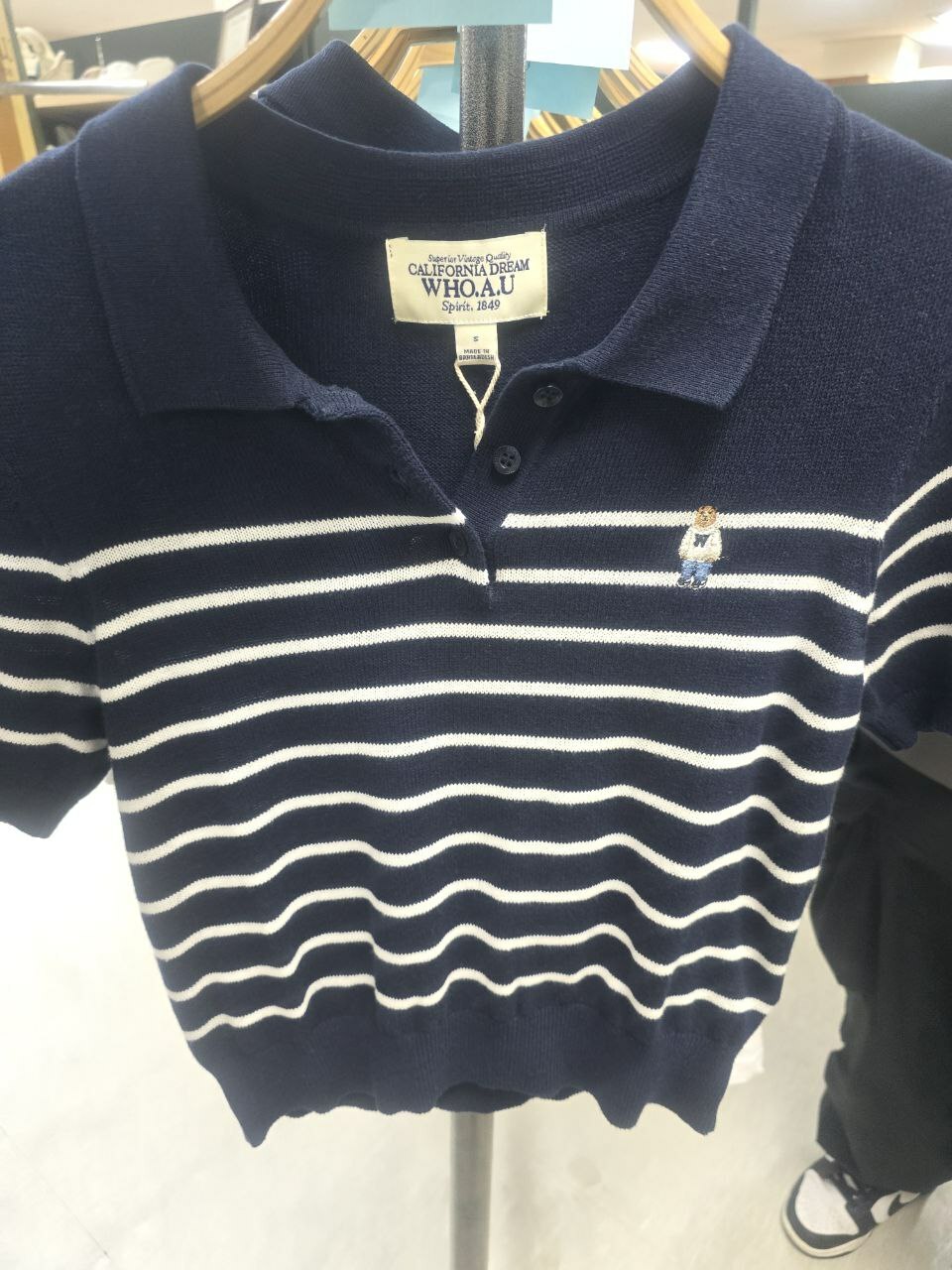 [K] WHO.A.U STEVE STRIPE COLLAR SHORT SLEEVE SWEATER,NAVY, WHKAD2431F-00-NAVY (KWAU947)