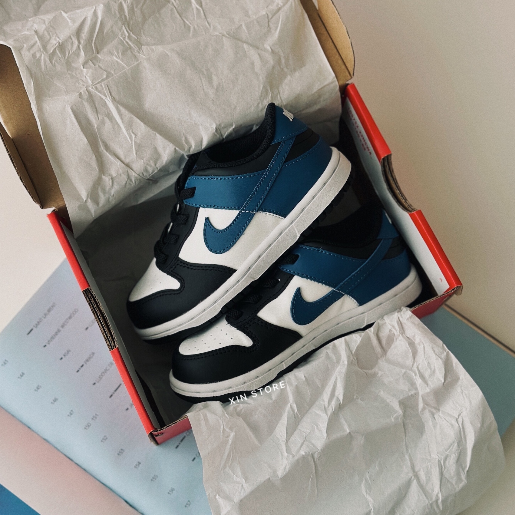 【現貨】 Nike Dunk Low Industrial Blue 低筒 撞色 復古 彈性鞋帶 童鞋 小童 白黑藍