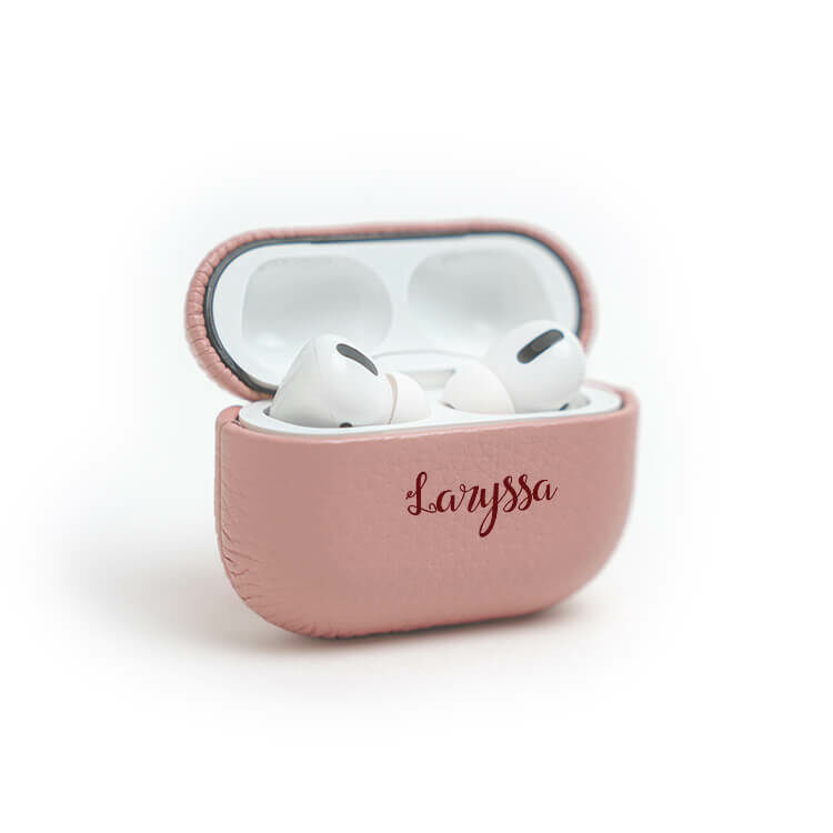 可愛字體 蜜荔粉皮革耳機殼 AirPods 客製化 耳機保護殼