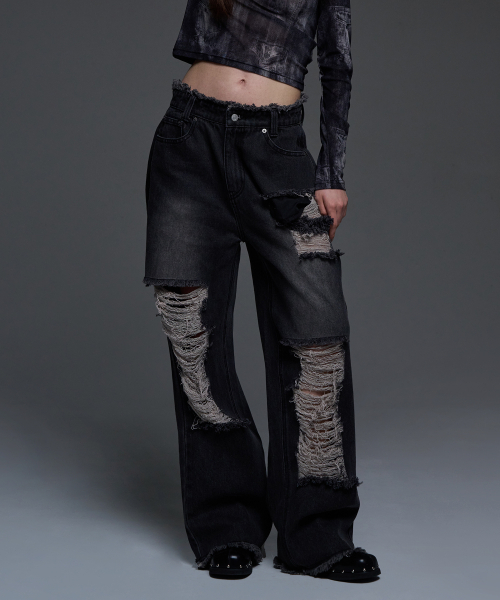 NASTY FANCY CLUB) DESTROYED WIDE DENIM PANTS (BLACK)