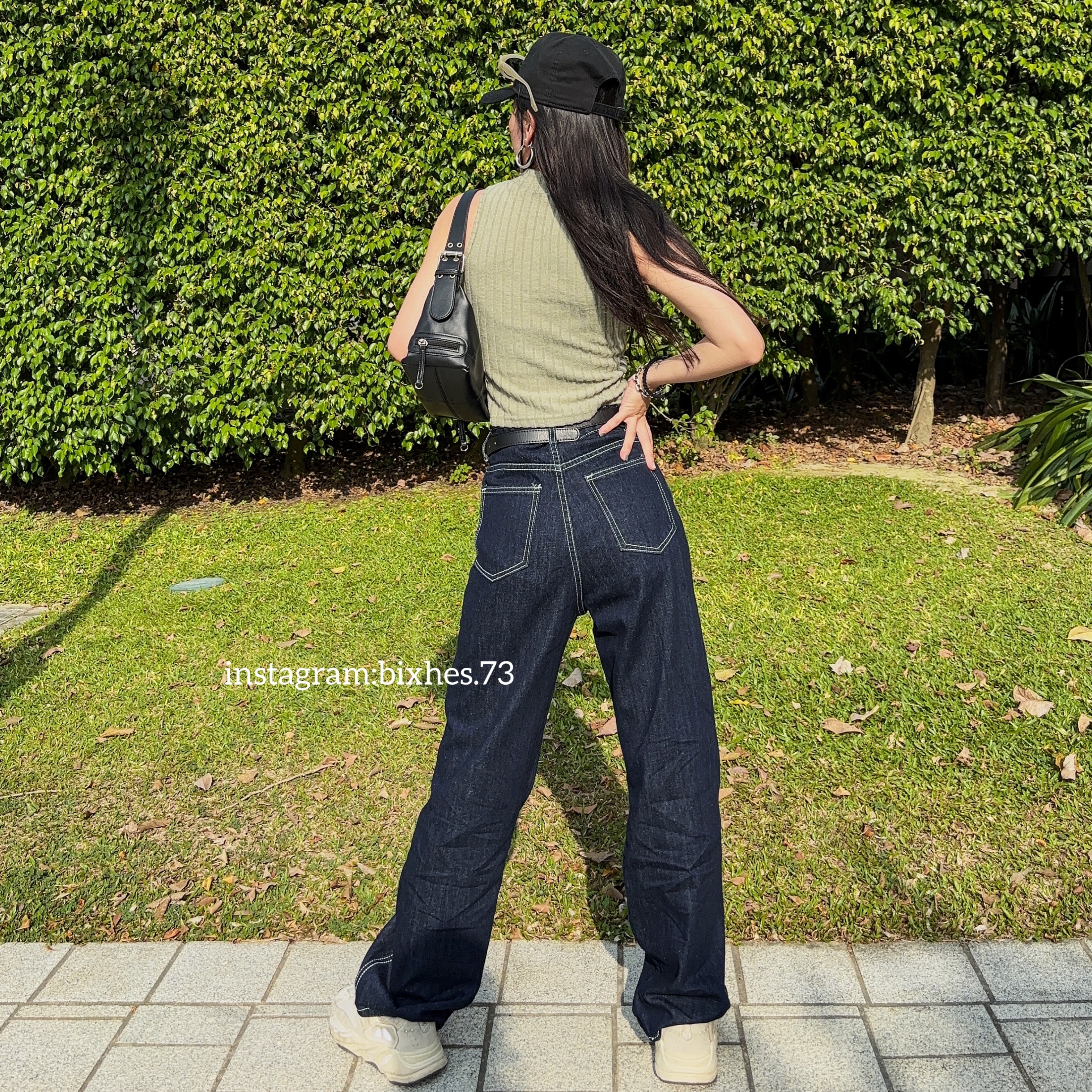 車線深藍直筒牛仔褲(E00080)