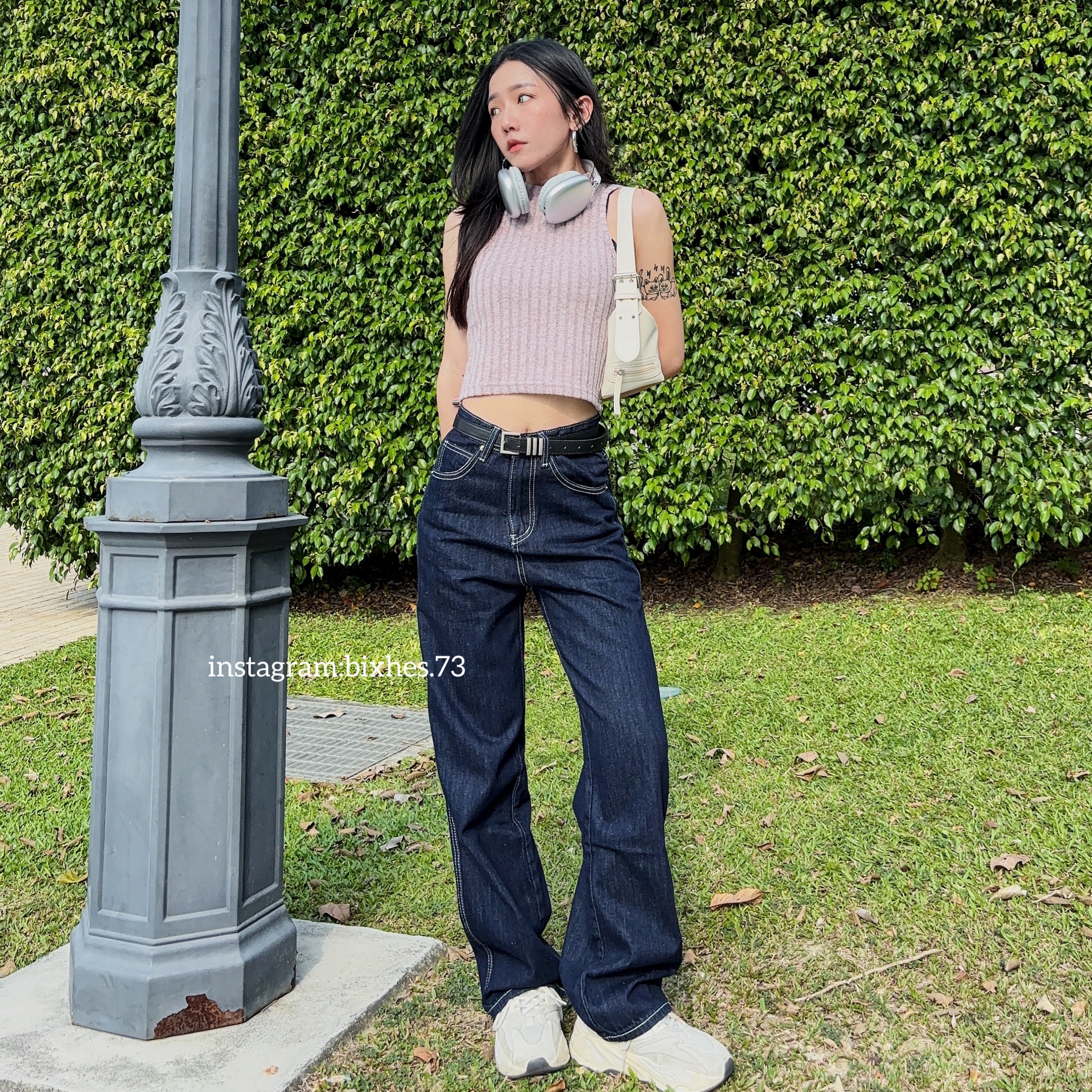 車線深藍直筒牛仔褲(E00080)