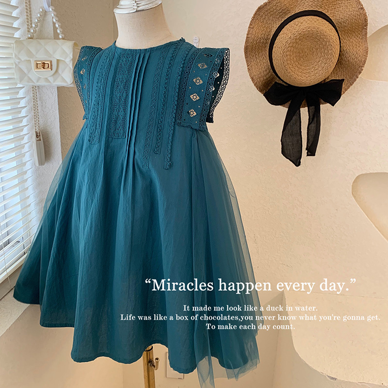 現貨 110cm 無袖蕾絲拼接網紗洋裝 米白色 90-150cm #831