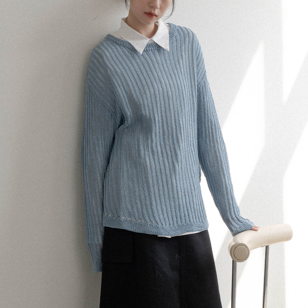 Plain hollow knitted wide top-grey blue【01013289】in stock+pre-order