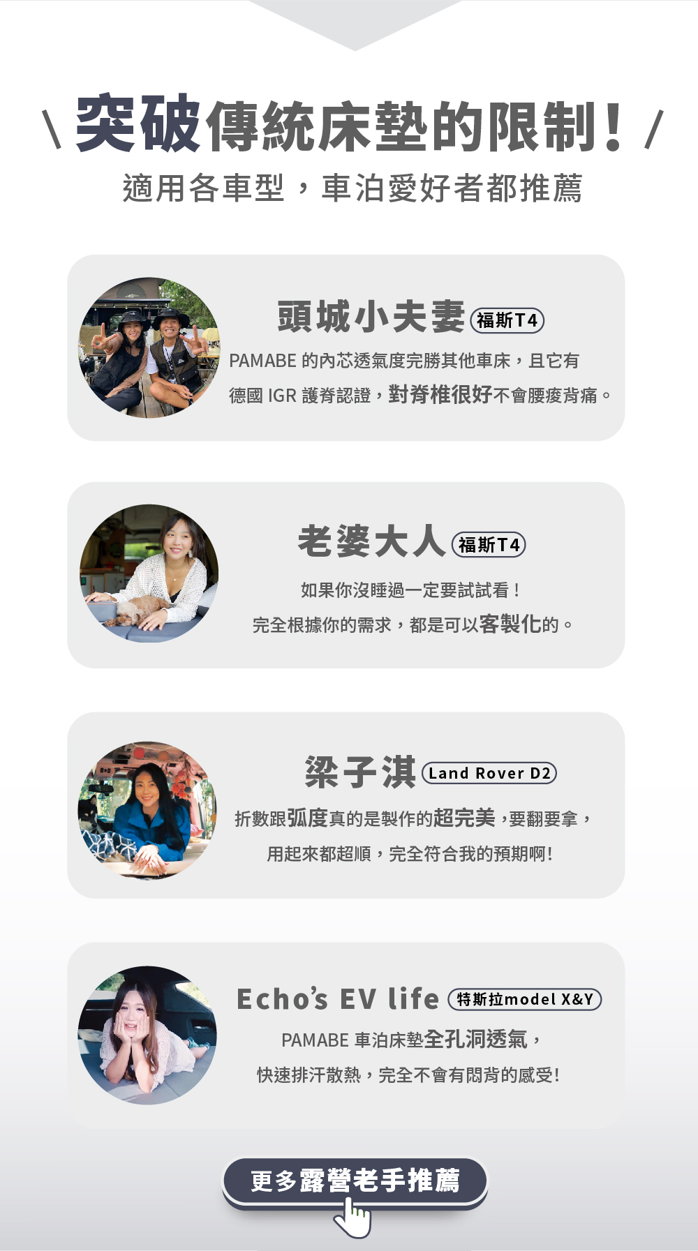 突破傳統床墊的限制，雙人折疊床墊適用各車型，車泊愛好者都堆薦，頭車小夫妻、老婆大人、梁子淇、Echo感想描述