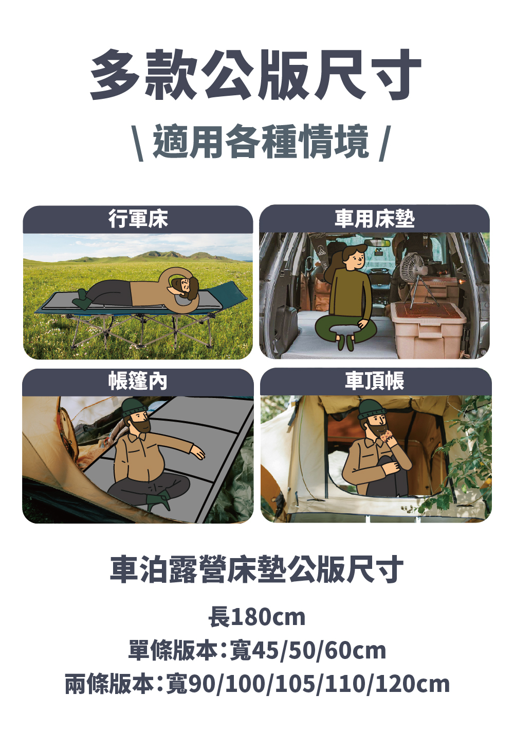 適用各種情境，行軍床、車用床墊、帳篷內、車頂帳