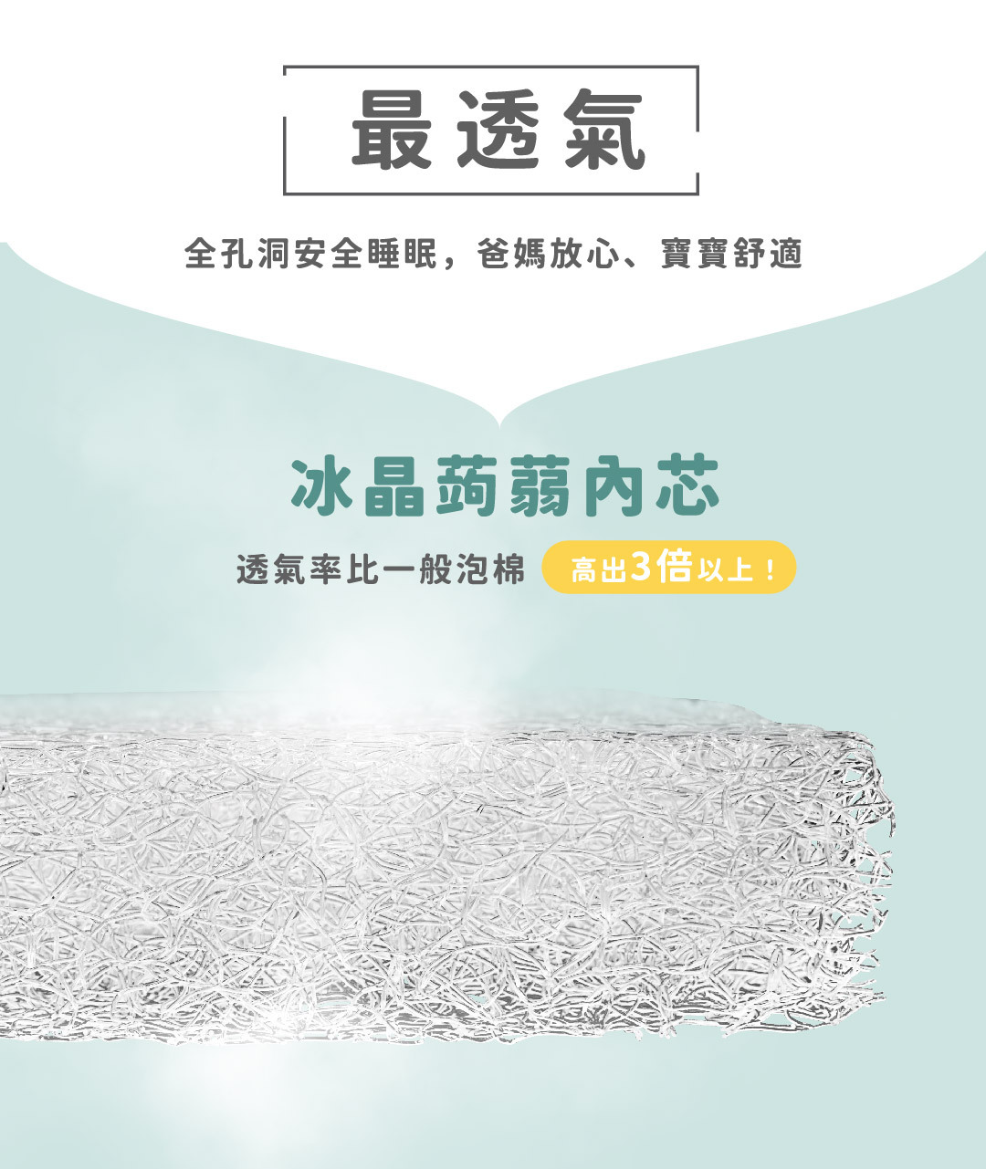 最透氣，冰晶蒟蒻內芯透氣率比一般泡棉高出3倍以上