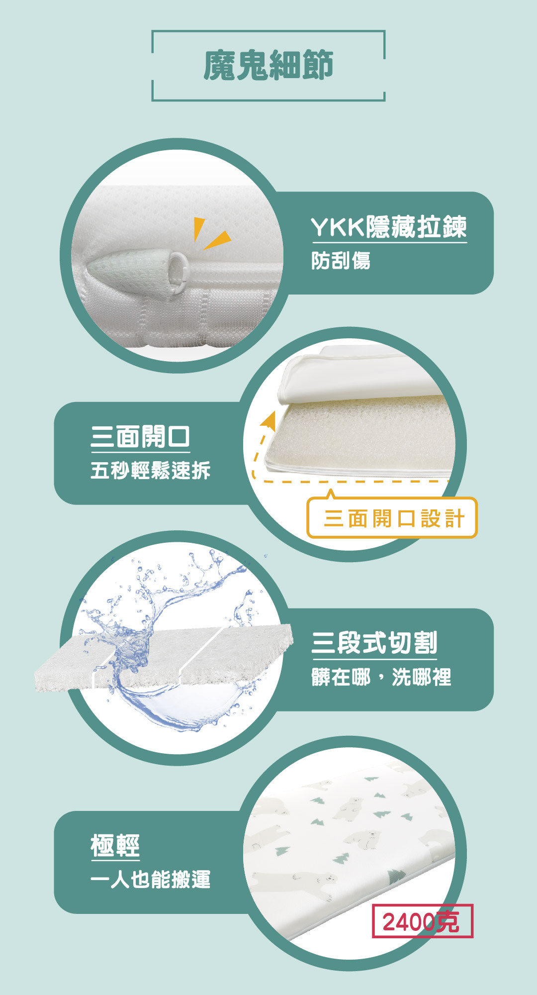 PAMABE嬰兒床墊有YKK隱藏拉鍊、三面拉鍊開口、三段式切割內芯、2400公克重量