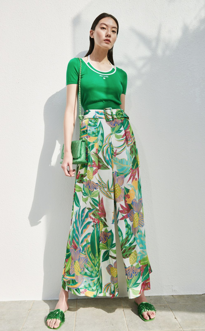 BD10025B1 光之森林草木印花寬褲 (附腰帶)