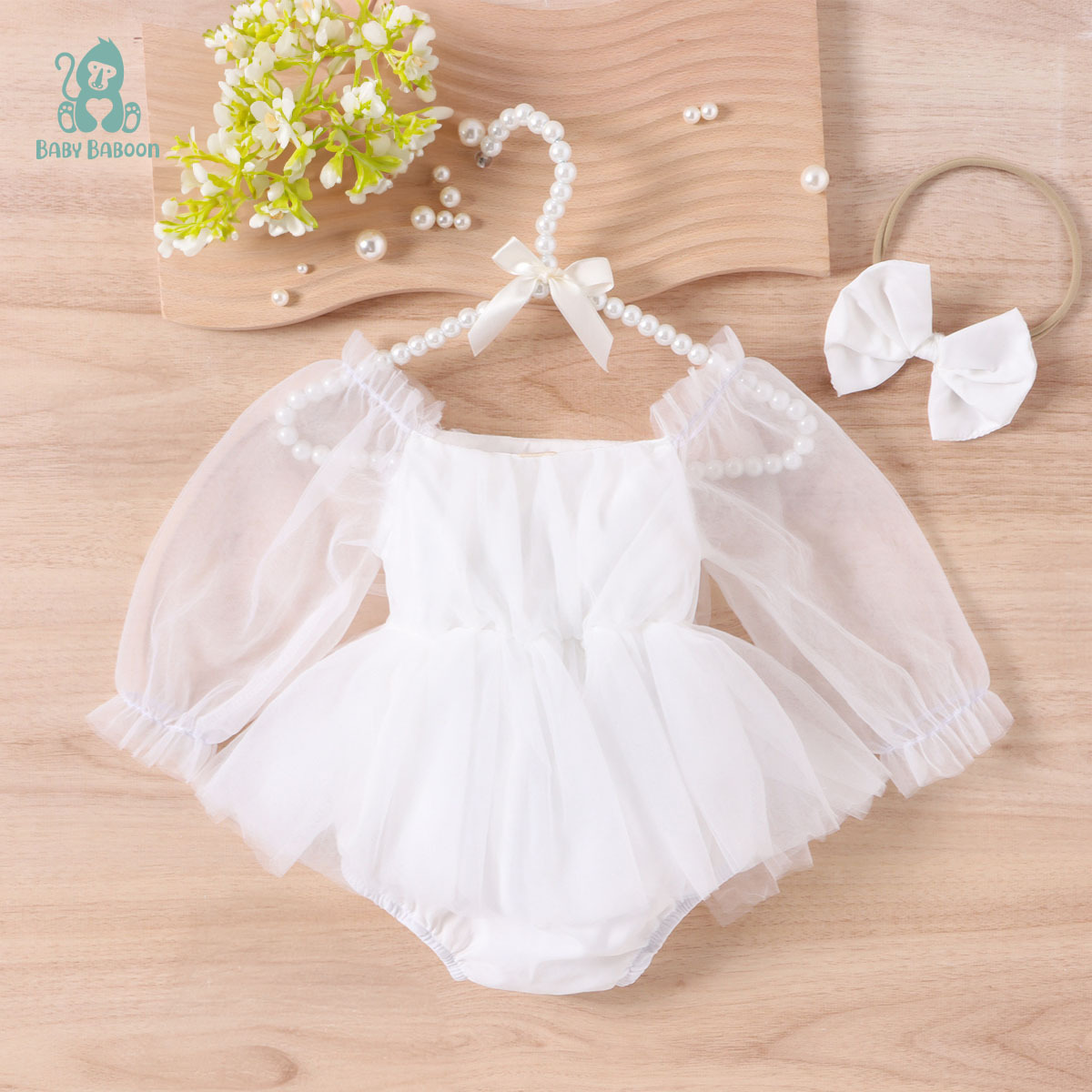 天使白輕紗長袖包屁紗裙連髮帶