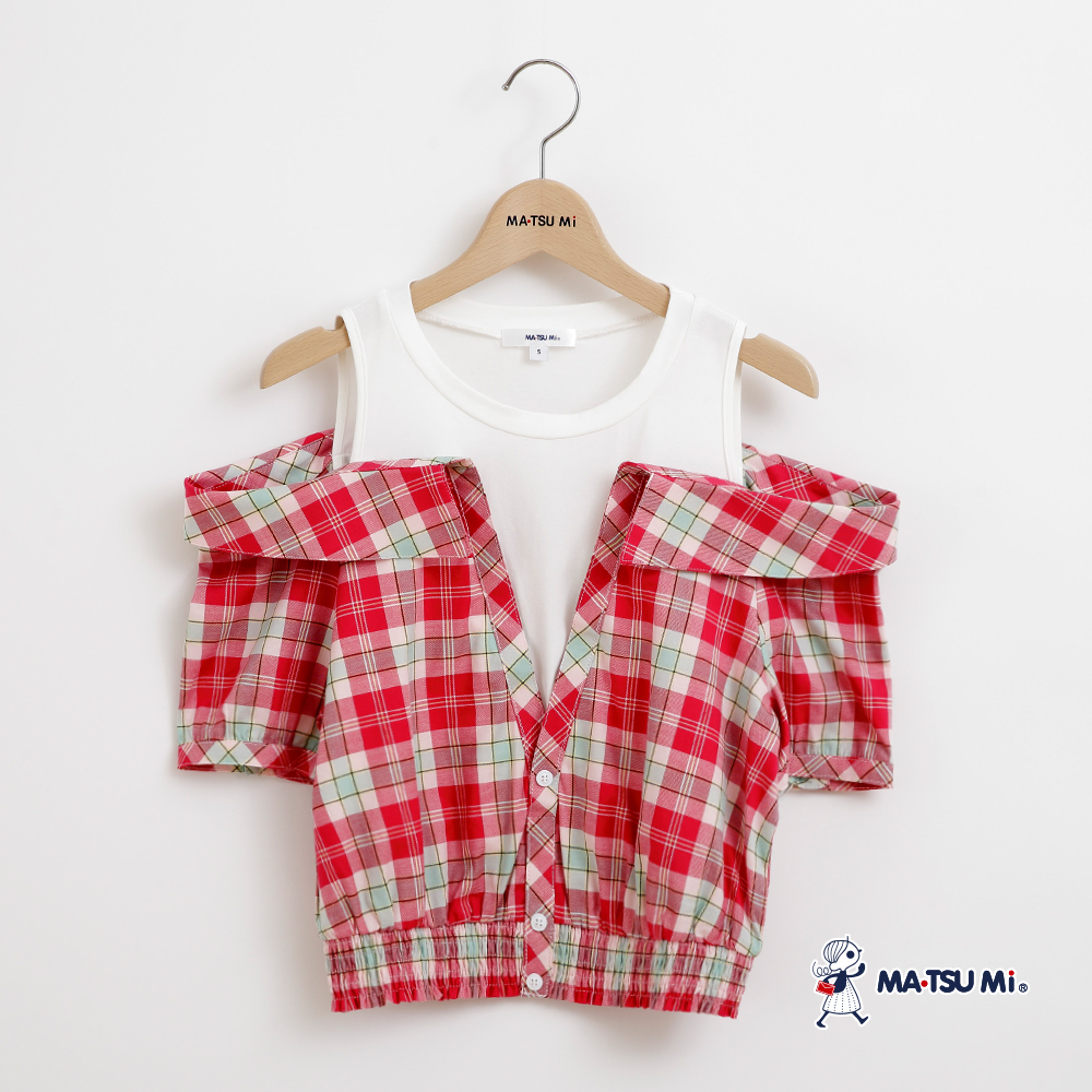 MA‧TSU Mi 撞色假兩件式拼接格紋露肩襯衫上衣(桃紅.深藍)