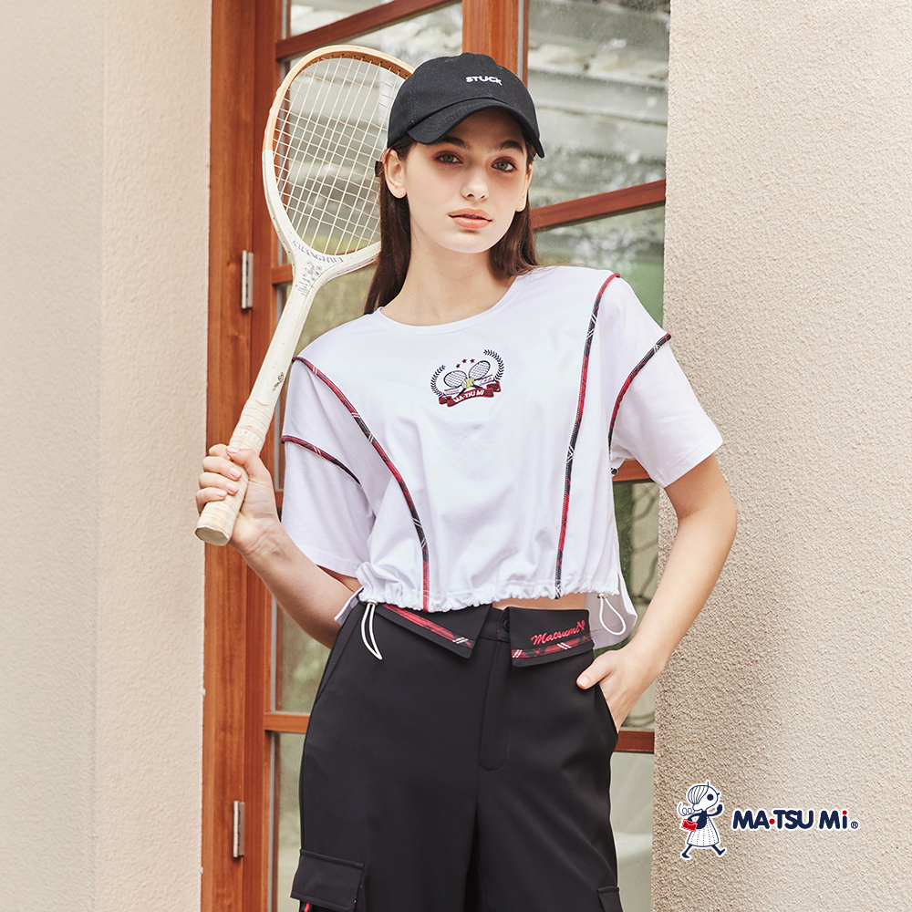 MA‧TSU Mi 落肩寬鬆感網球圖案短版上衣(白.黑)
