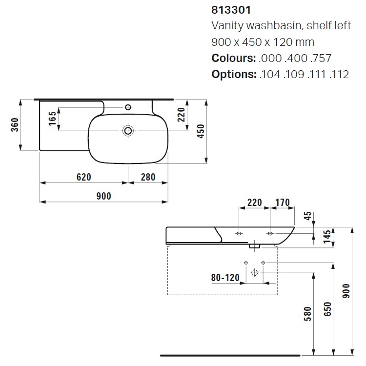 Laufen "Ino" 8.1330.1.000.104.1 + 8.9988.2.000.000.1 Wall Hung or Countertop Washbasin (With overflow) with 1 Tap Hole *SaphirKeramik*