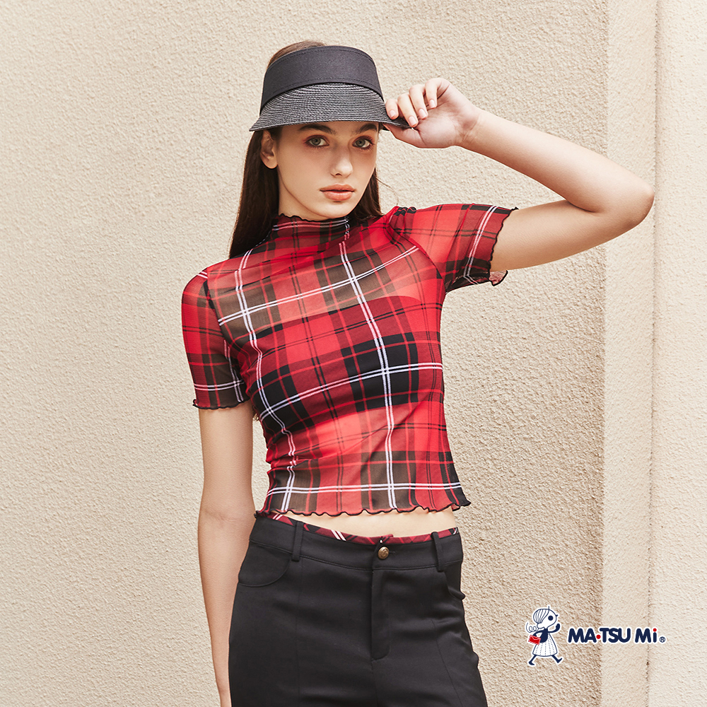 MA‧TSU Mi 立體木耳滾邊半透膚短袖上衣(紅)