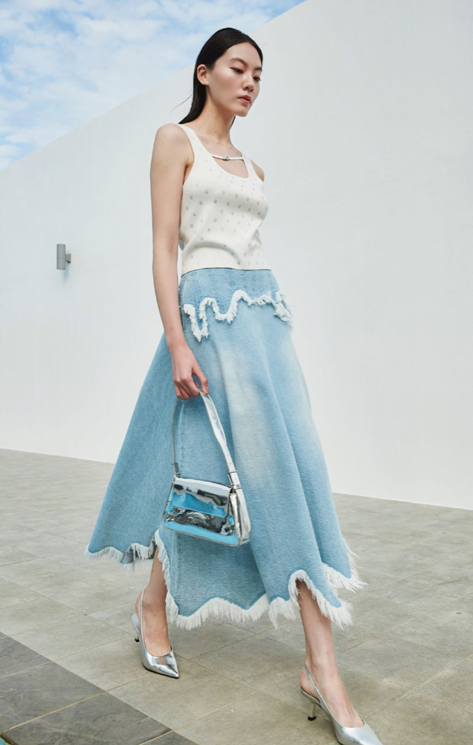 BD10107C1 巴特羅水波舞不規則流蘇牛仔波浪裙