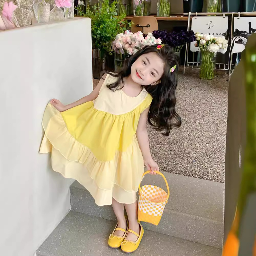 夏日玫瑰粉拼接無袖洋裝 110-170cm