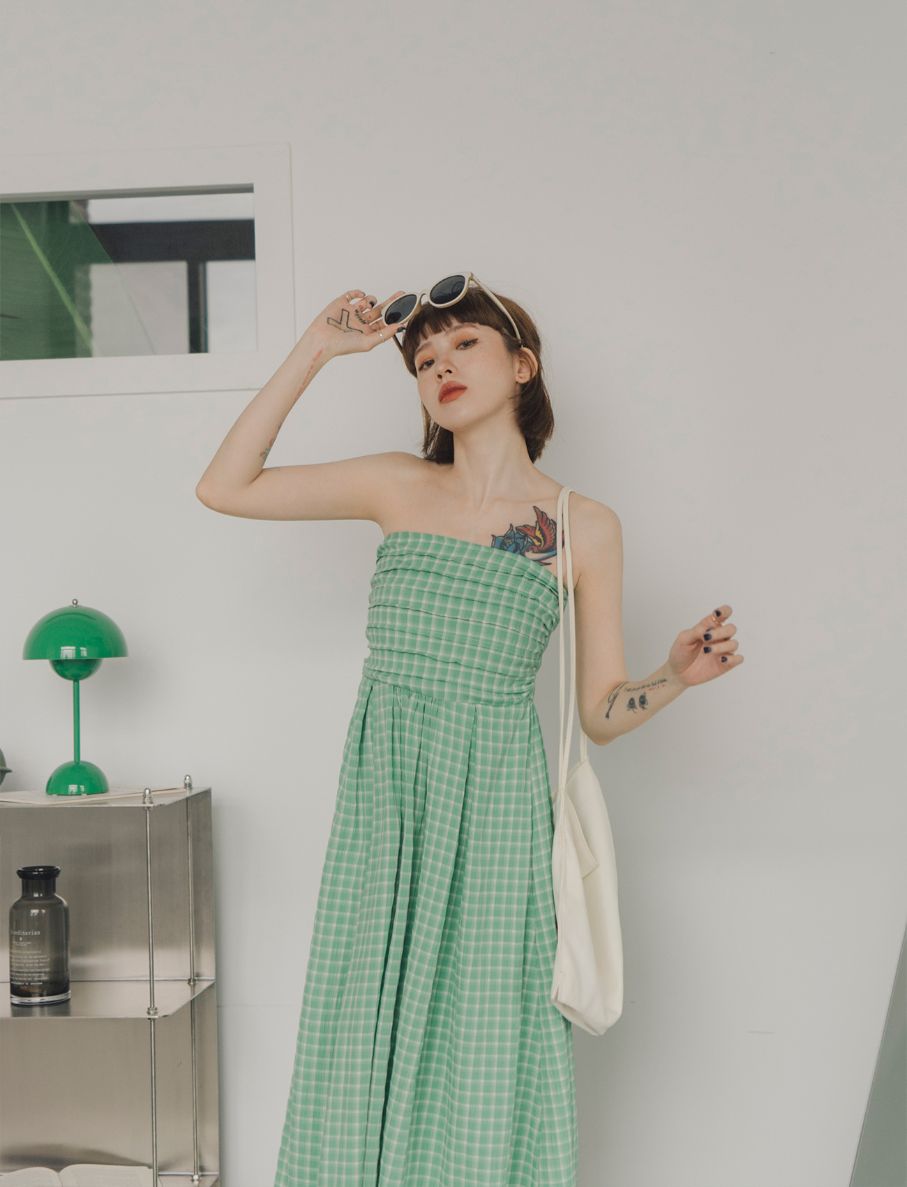 綁帶格紋連身洋